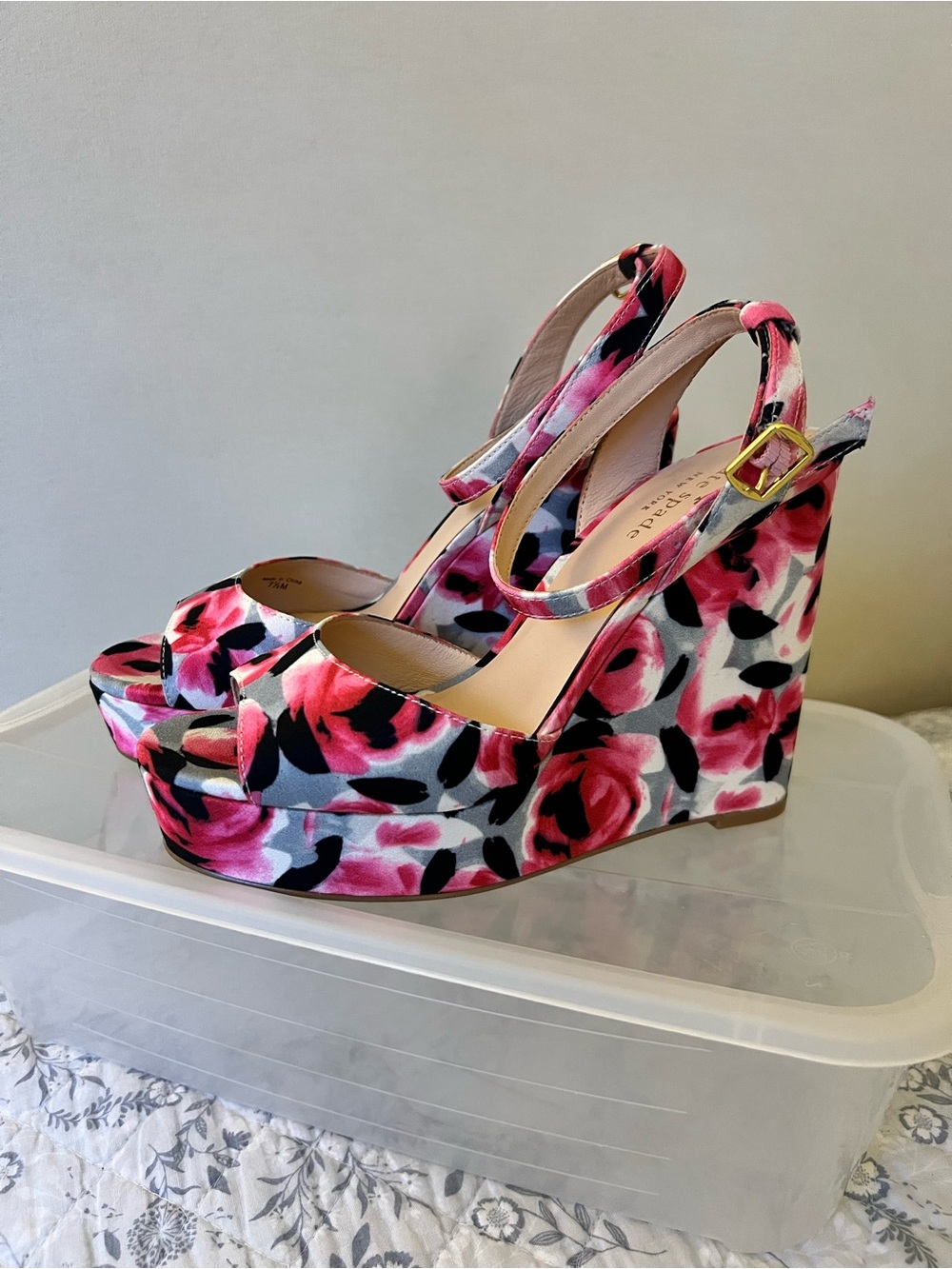 kate spade Pink Floral Platform Wedge Sandals with Ankle Strap